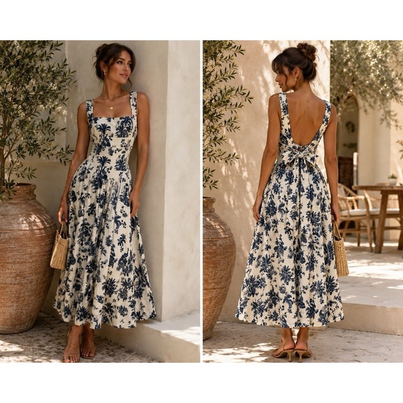 Caroline Constas Dresses & Skirts - Caroline Constas Toile Midi Dress S Linen Blend Open Back Bow Milkmaid Coastal